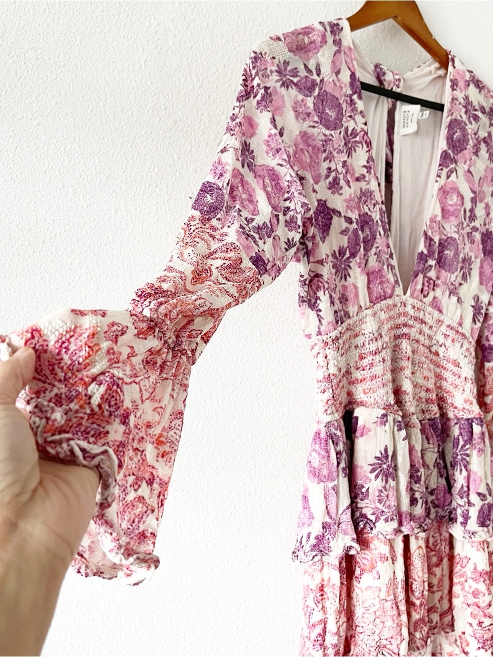 Hemant & Nandita Pastel Pink Ruffle Plunging Tie Back Romantic Boho Mini Dress - Picture 4 of 10
